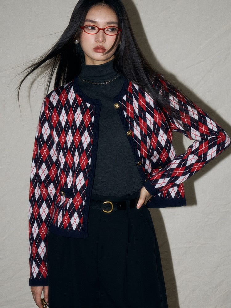 Argyle Pattern Knit Cardigan - Sofia Romano