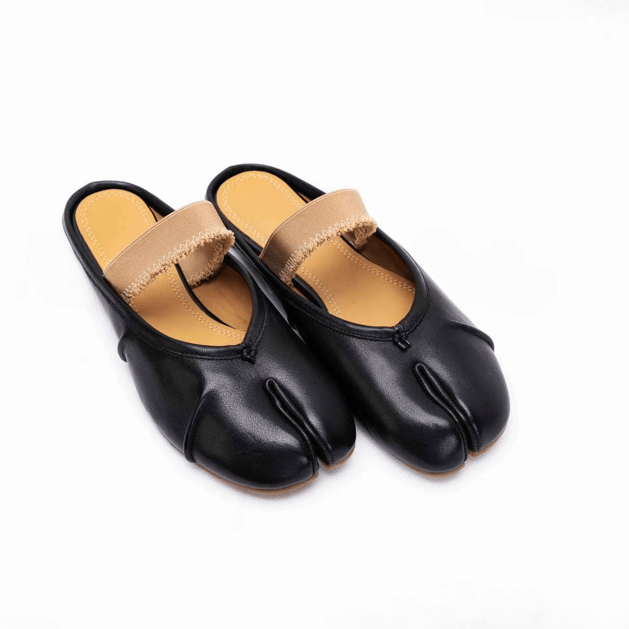 Black Leather Tabi Ballerina Mules - Sofia Romano