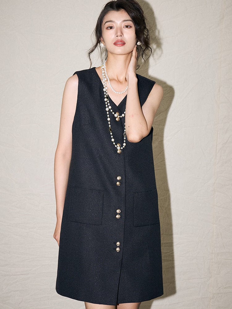 Black Sleeveless Button Dress - Sofia Romano