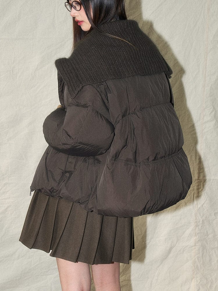 Chocolate Brown Knit - Collar Puffer Jacket - Sofia Romano