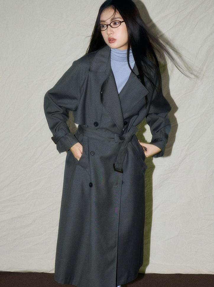 Classic Long Gray Trench Coat - Sofia Romano