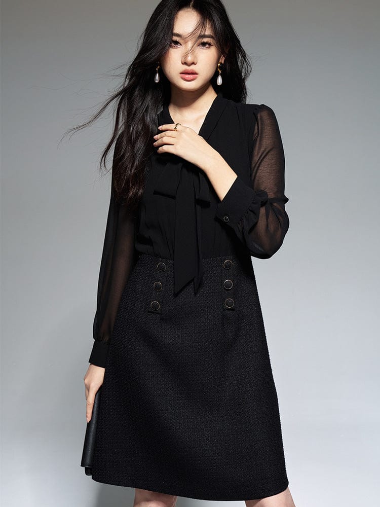 Elegant Bow Tie Long Sleeve Dress - Sofia Romano