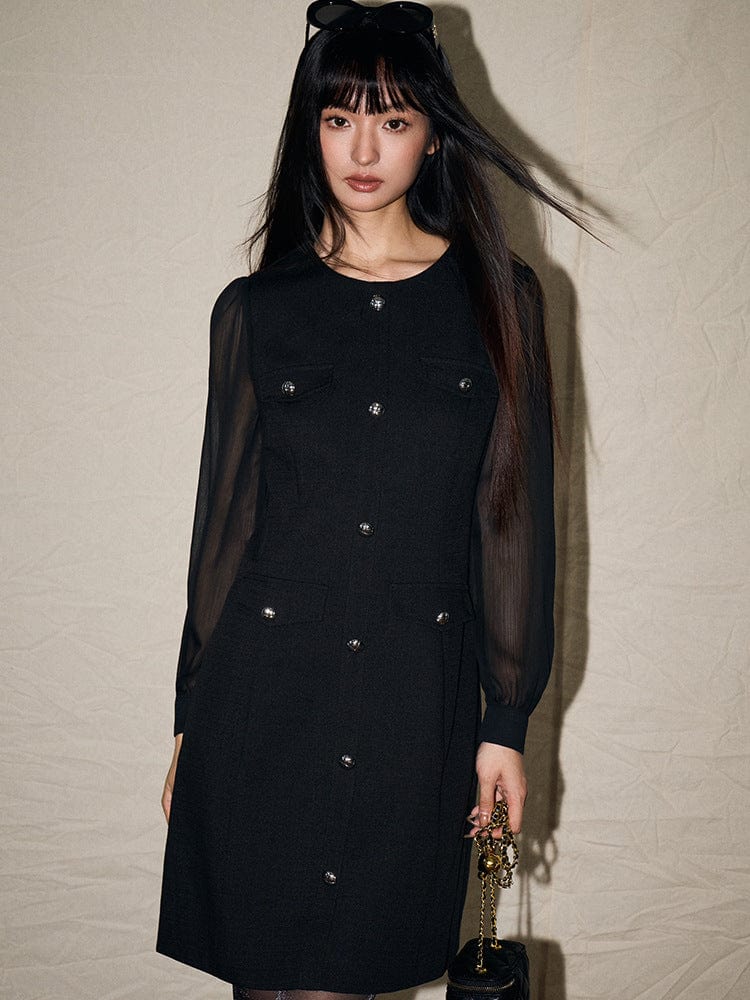 Elegant Buttoned Black Midi Dress - Sofia Romano