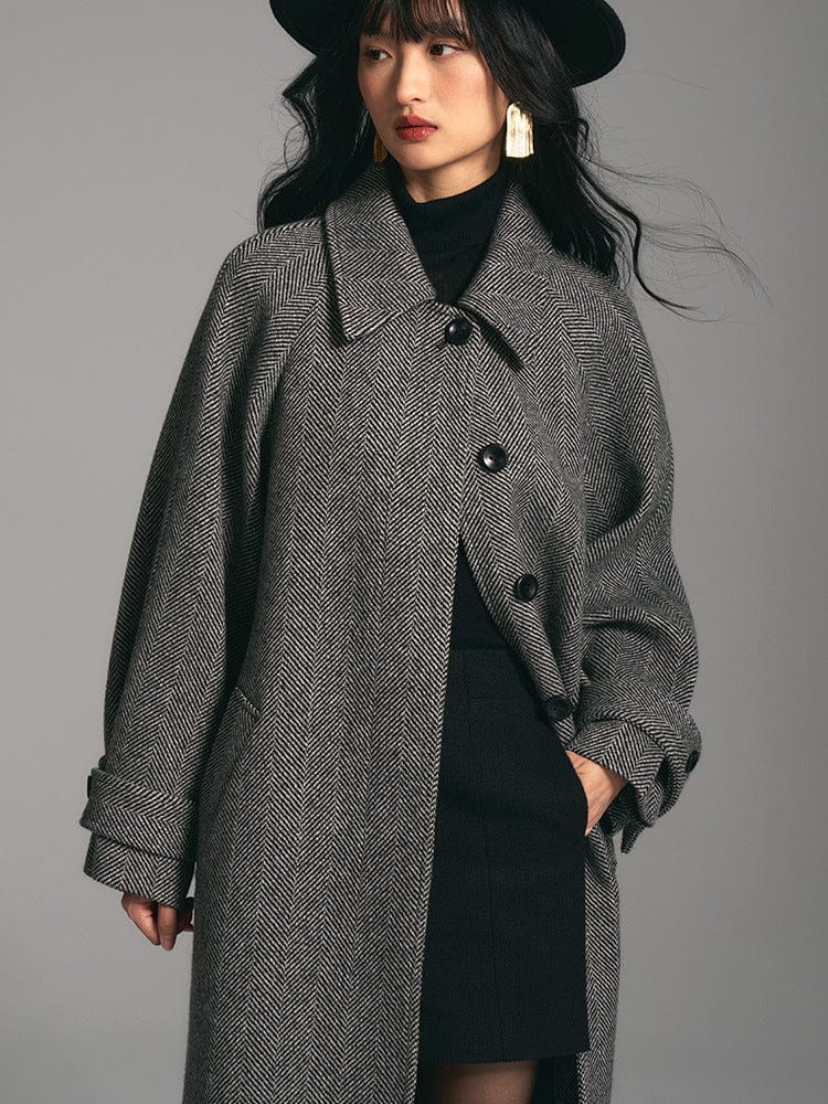 Herringbone Wool Blend Coat - Sofia Romano