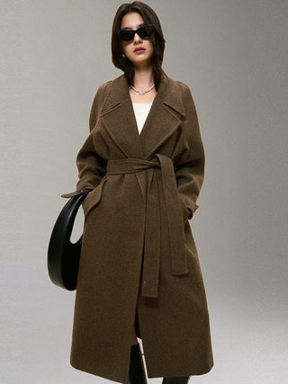 Herringbone Woolen Belted Coat - Sofia Romano