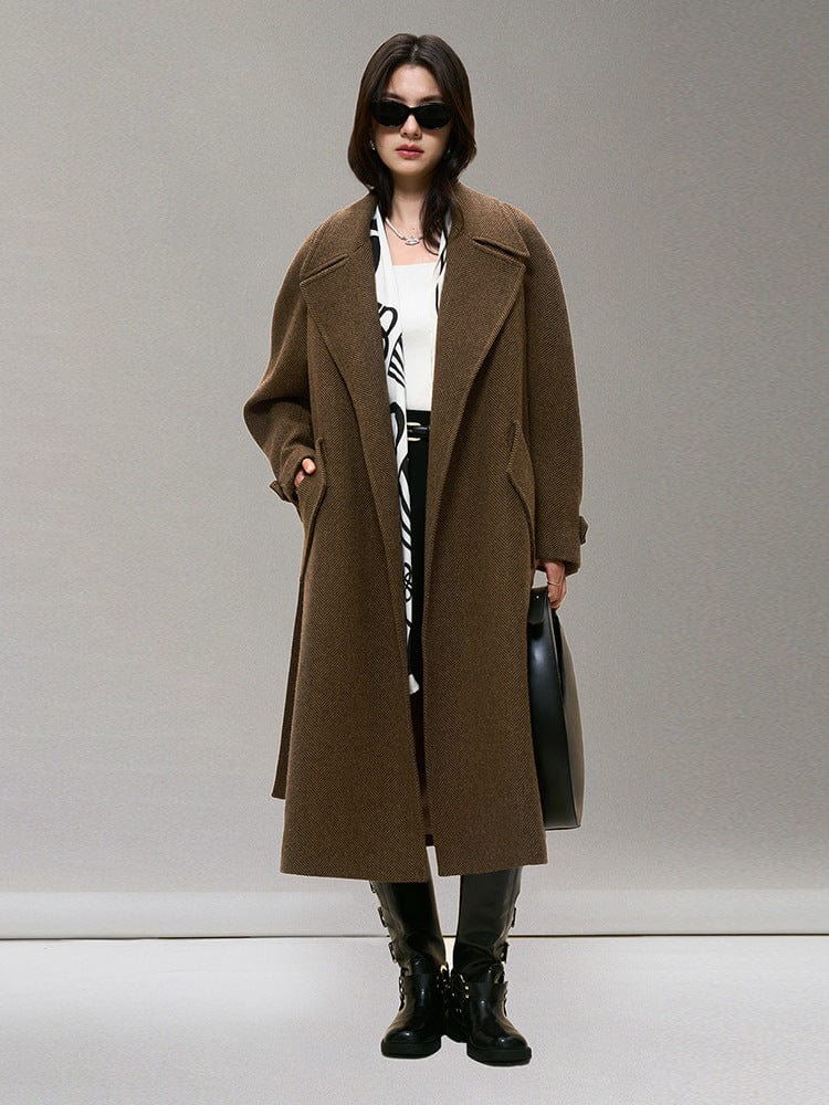 Herringbone Woolen Belted Coat - Sofia Romano