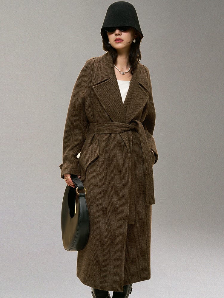 Herringbone Woolen Belted Coat - Sofia Romano