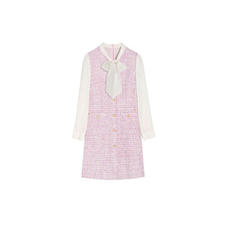 Pink Tweed Dress with Bow Accent - Sofia Romano