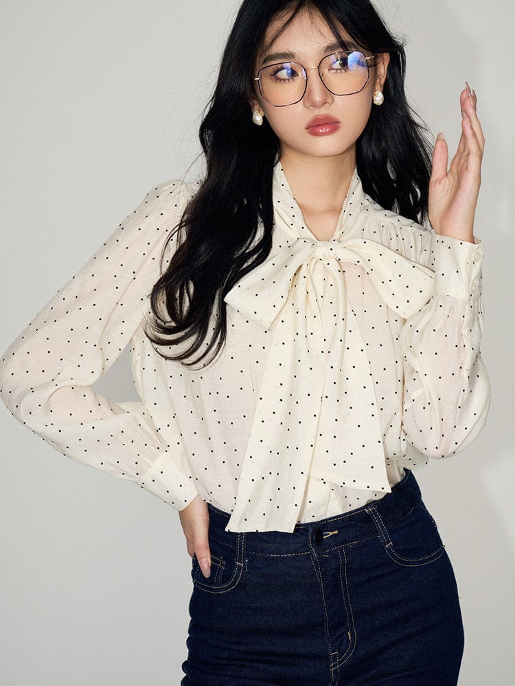 Polka Dot Bow Tie Blouse - Sofia Romano