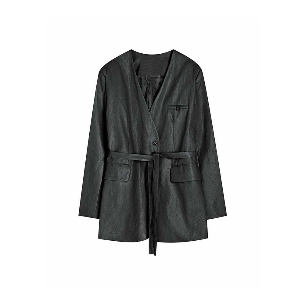 PU Leather Belted Blazer - Sofia Romano