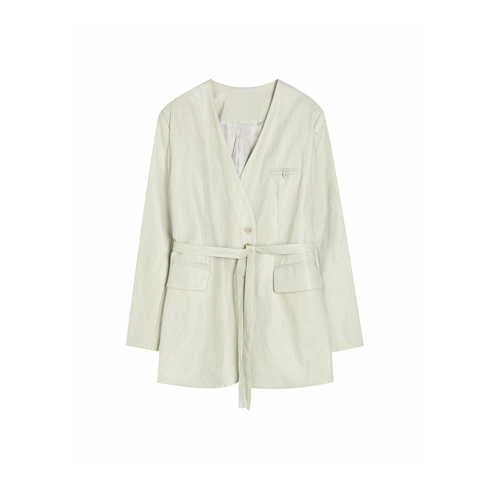 PU Leather Belted Blazer - Sofia Romano