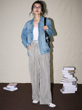 Striped Elastic Waist Pants - Sofia Romano