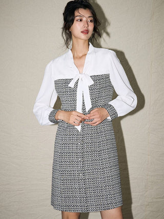 Tweed Panel Long Sleeve Dress - Sofia Romano