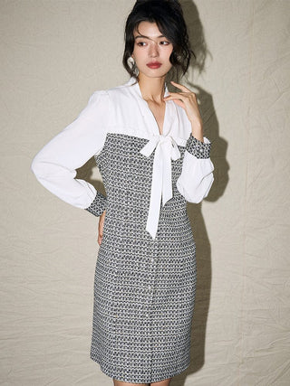 Tweed Panel Long Sleeve Dress - Sofia Romano