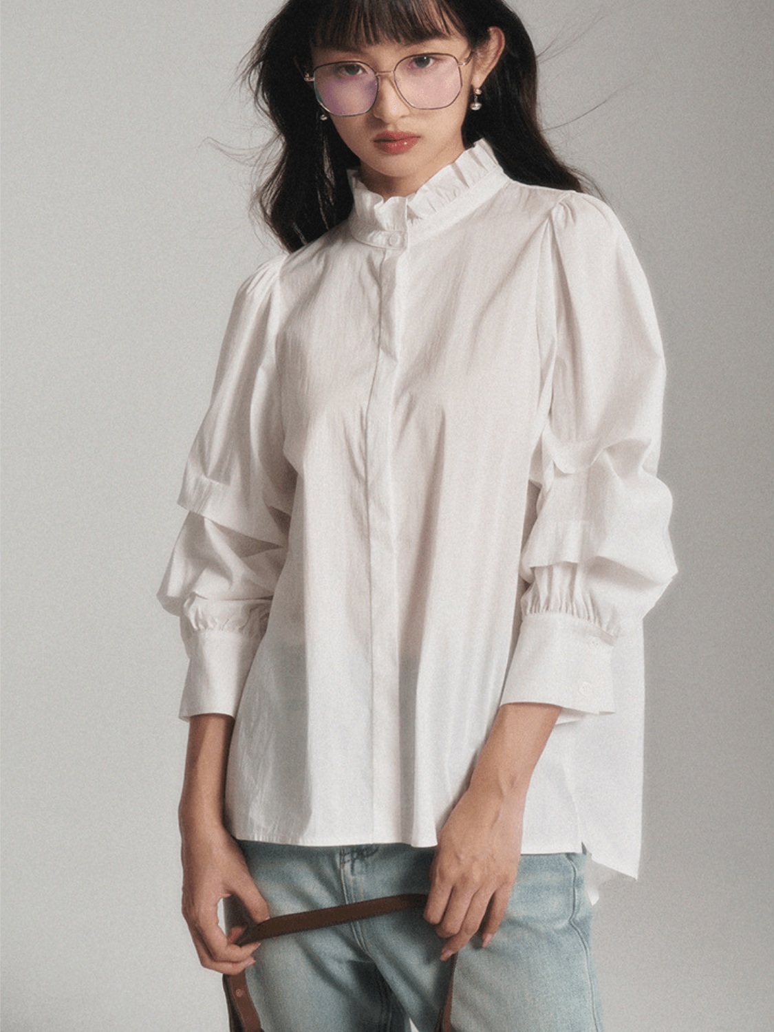 White Ruffle Collar Long Sleeve Blouse - Sofia Romano