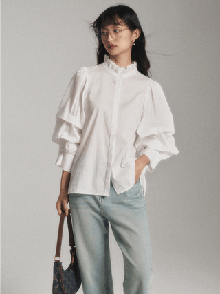 White Ruffle Collar Long Sleeve Blouse - Sofia Romano