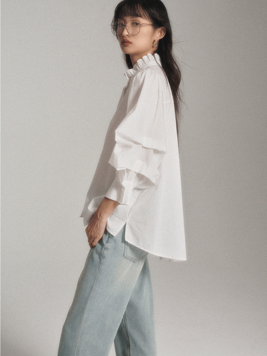 White Ruffle Collar Long Sleeve Blouse - Sofia Romano